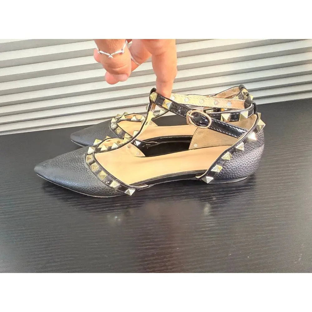 Black Studded T-Strap Pointed Toe Flats Womens EUR 36 Rockstud Style Ankle Strap - Picture 5 of 15